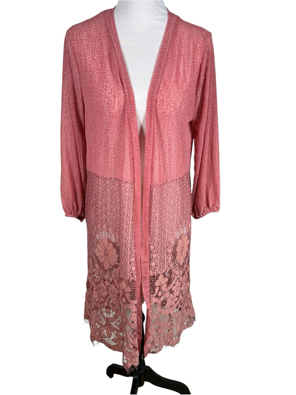 Ember Floral Lace Longline Duster Cardigan Women’s M Mauve Sheer Open Front